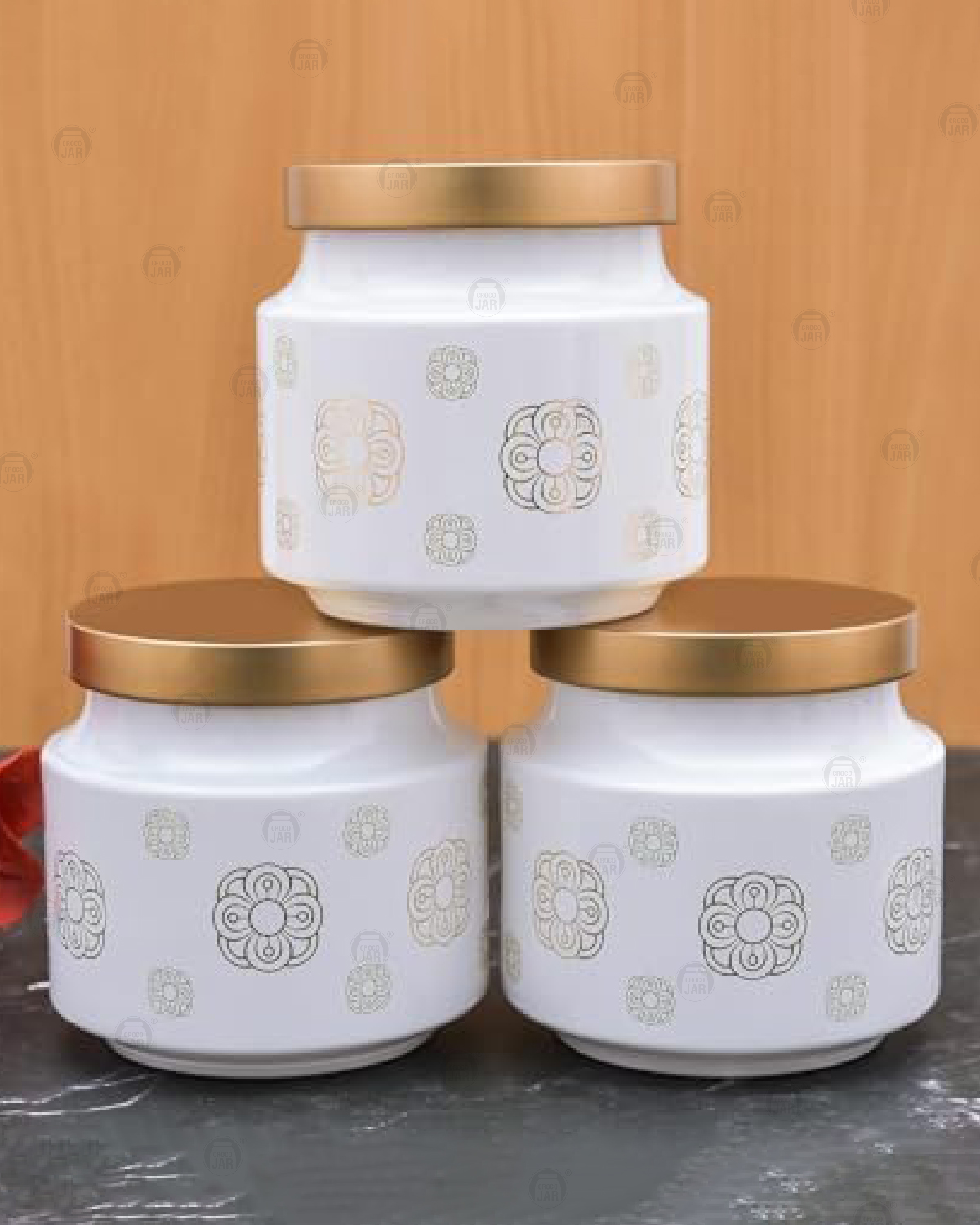 Printed Design Round Shape Container - Plastic And Glass Material, 12 Piece Set For Dry Fruits And Food Storage, White Color | Screw Type Caps