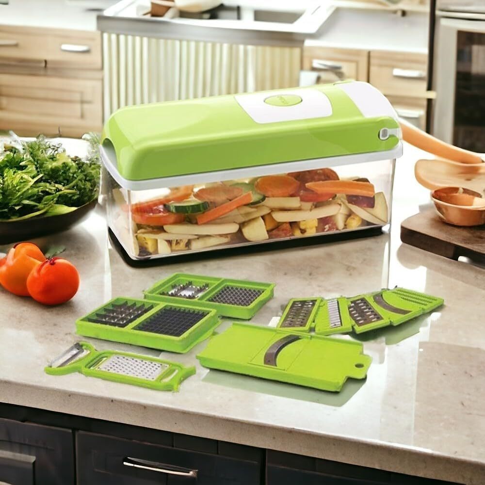12 In 1 Vegetable Cutting Machine - Food Grade Abs & 420 Stainless Steel | Multipurpose Chopper, Detachable Storage Container, Dishwasher Safe Blades