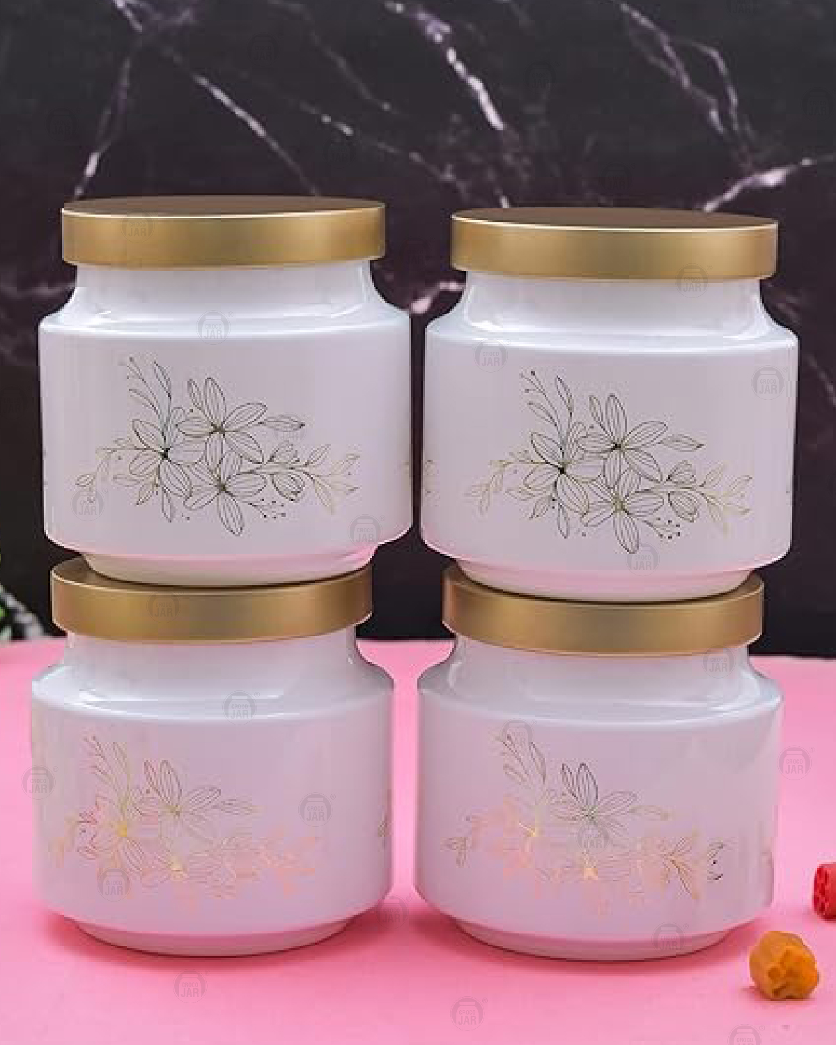 Croco Printed Design Round Shape Container - 12 Piece Set, Plastic, Steel & Glass Materials, White Color, Screw Type Caps For Kitchen Storage