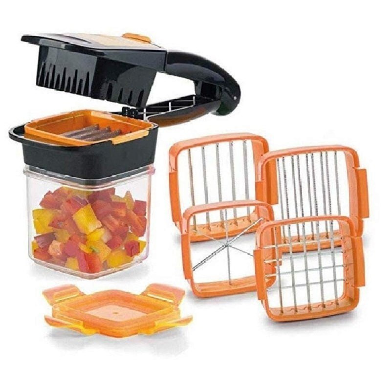 Vegetable Cutter & Slicer 5 In 1 - Stainless Steel Blades, 19x18x15 Cm, Multi Color | Compact One-handed Operation, Versatile Storage Container