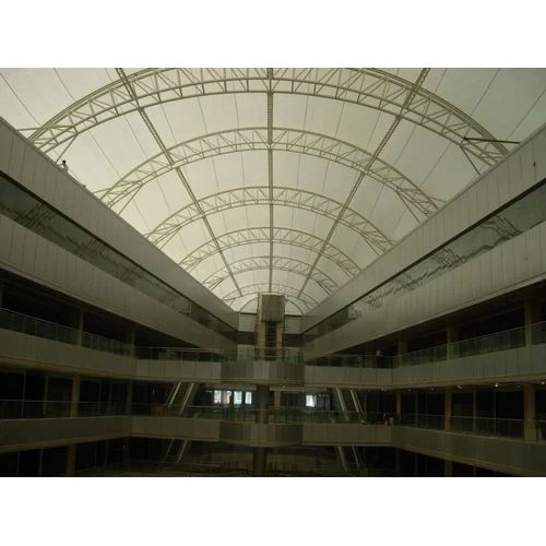 Auditorium Tensile Structure - High-Quality Tensile Fabric, 8mm Wall Panels, Off-White Color | Pole Fitted Connection, Durable Design for Workshops & Hotels