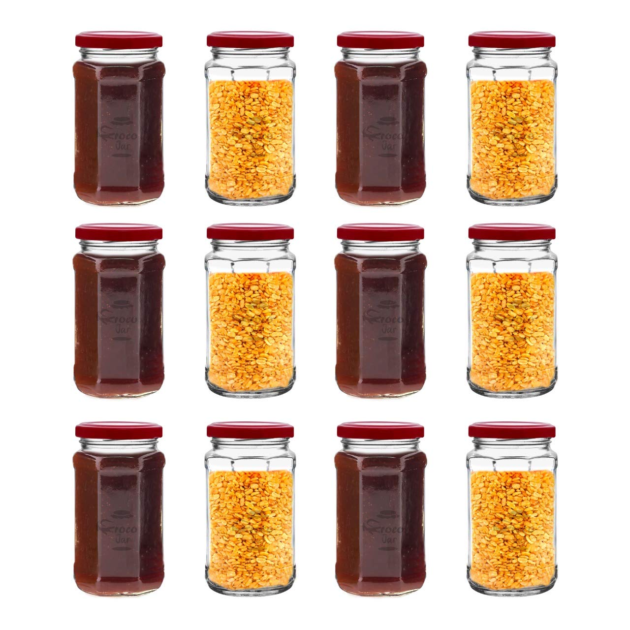 Croco Hexagon 450 Gms Glass Jars And Storage Containers Air Tight Lid For Herbs, Foods, Jams, Liquid, Chutney, Small Spice Jars - Color: Transparent