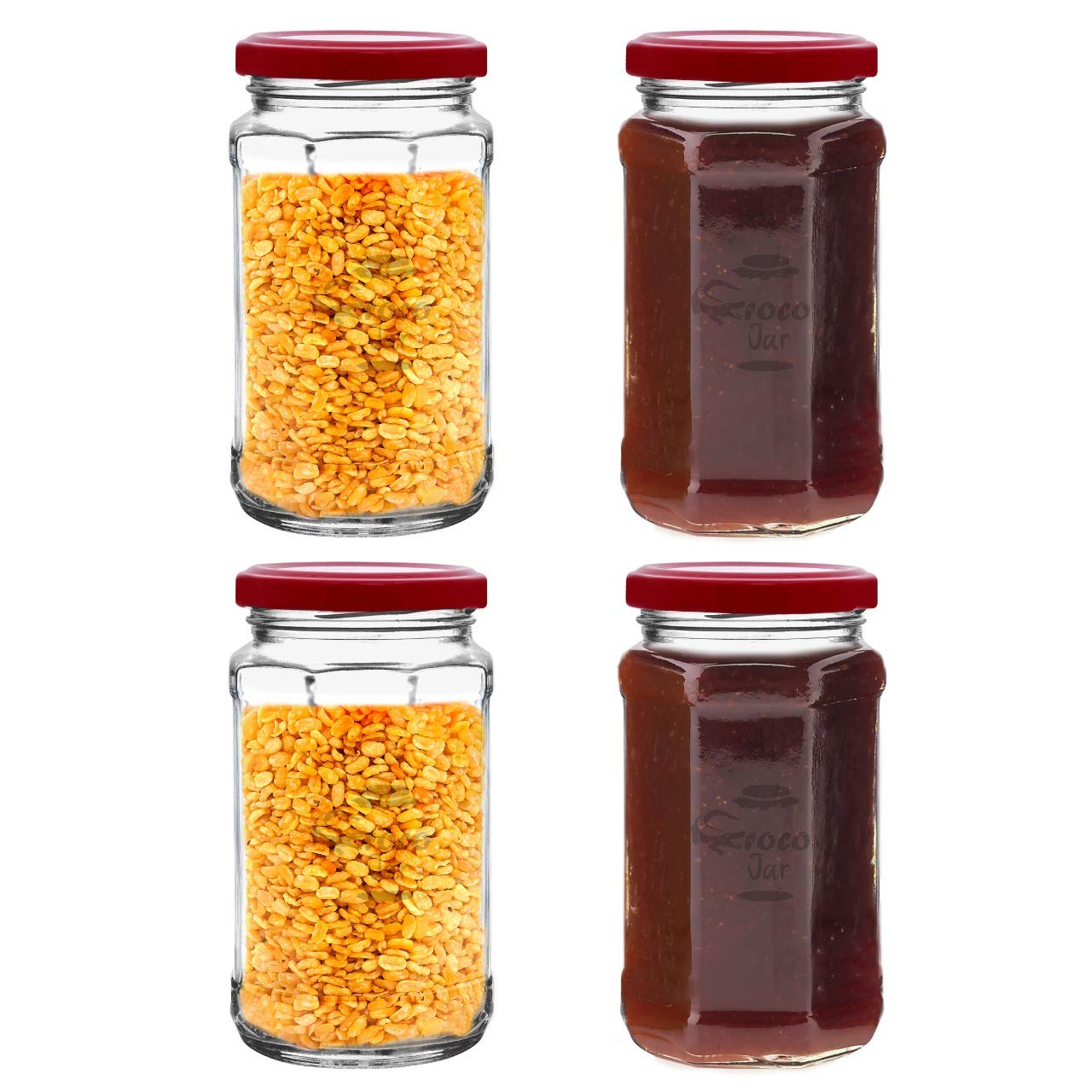 Croco Hexagon 450 Gms Glass Jars - 12 Piece Set For Dry Fruits Storage, Juice & Water | Transparent Glass With Screw Type Metal & Plastic Caps
