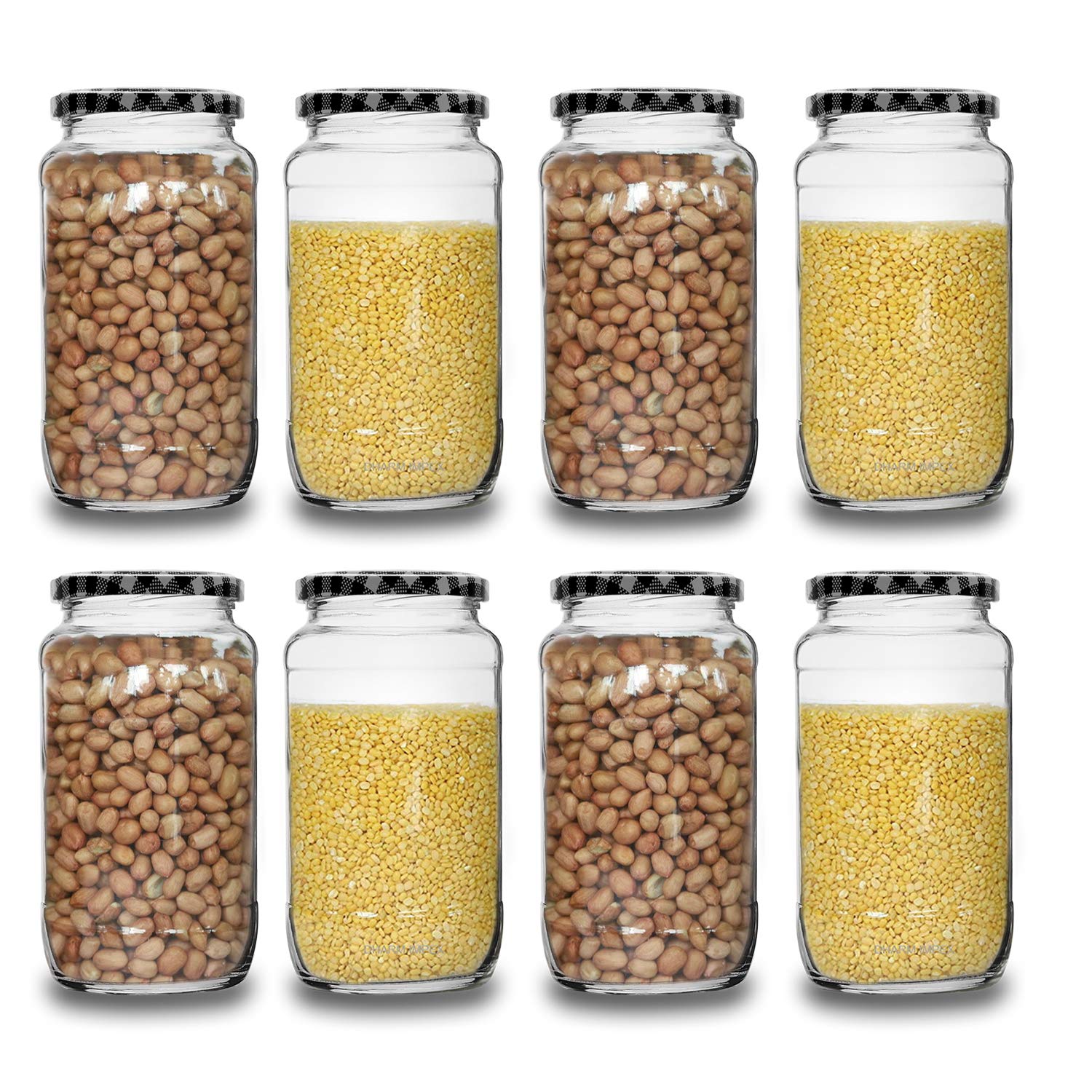 Croco Glass Jar With Air Tight Black Stripe Lid - Glass Material, Round Shape, 12 Piece Set For Dry Fruits & Food Storage , Transparent Color With Screw Type Lid