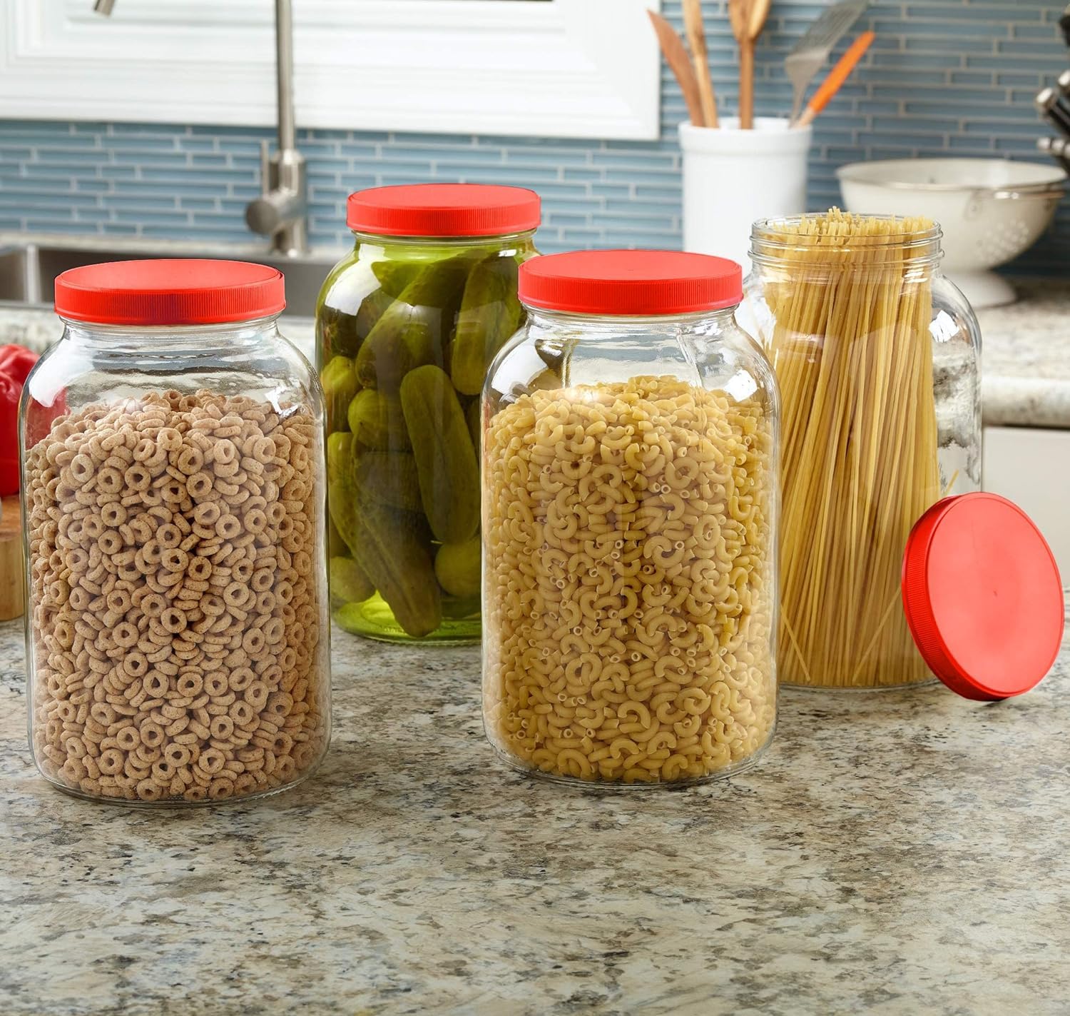 Croco Jar Glass Red Storage Container - 12 Piece Set, Round Shape, Transparent Glass Material, Screw Type Cap For Kitchen Storage