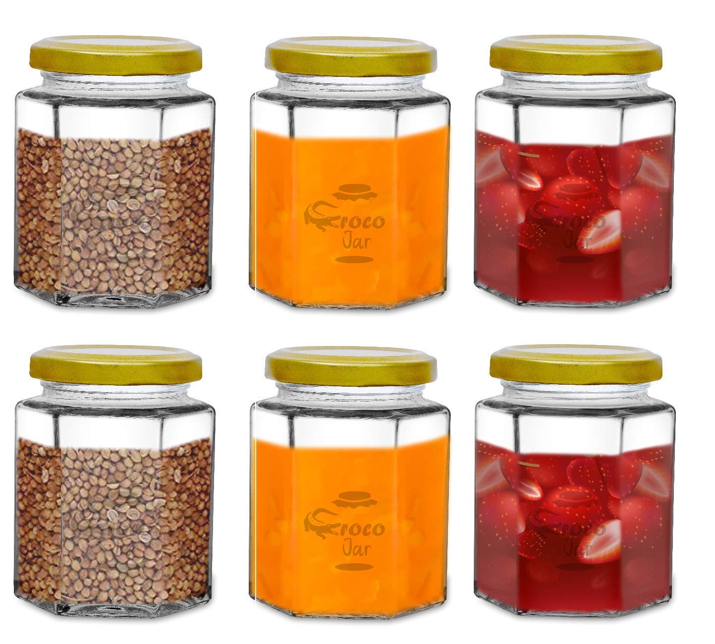 Croco Hexagon Glass Jar & Container With Rust Free Air Tight Lid, Suitable For Use In Your Home Office, Kitchen Storage/Glass Jar For Kitchen 200 Ml - Color: Transparent