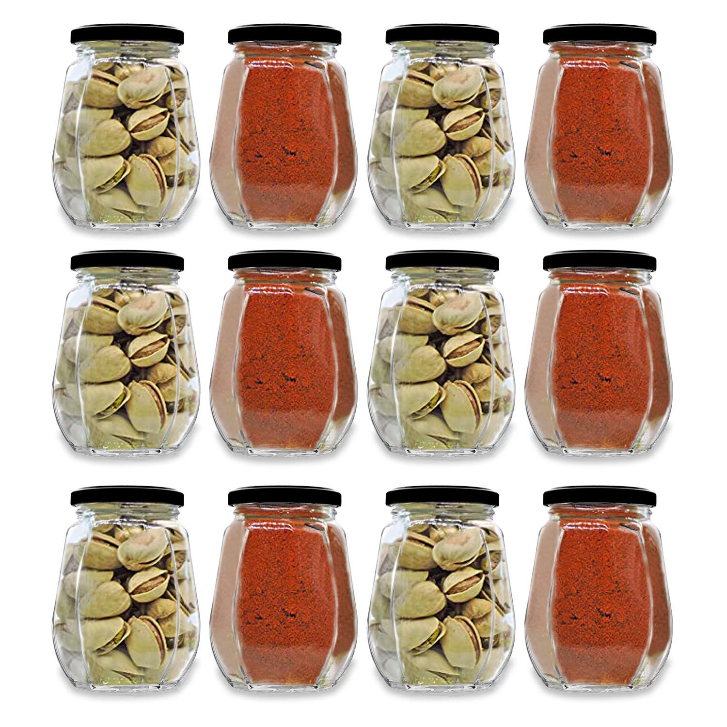 Croco Crown Shape Glass Jars - 12 Piece Set, Round Shape For Food Storage, Juice, Water | Screw Type Cap, Transparent Glass Material, Ideal For Kitchen
