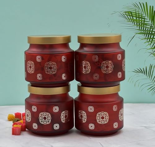  CROCO JAR Printed Round Glass Storage Jars with Golden Lids Food Storage Jars Canisters Kitchen Containers Set With Cap, Red, 600 ML 