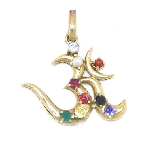 Om Navratna Pendant - High-Quality Brass, Golden Finish | Durable Design with Sacred Om Symbol and Nine Astrological Stones