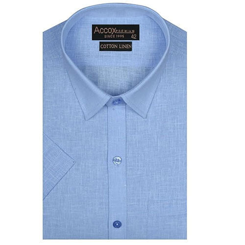 Accox Men's Breathable Cotton Linen Half Sleeves Regular Fit Solid Plain Formal Shirt For Men (Gcr232) - Color: Blue