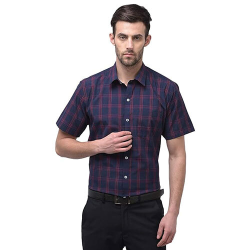 ACCOX Men's Half Sleeves Formal Multicolour Regular Fit Cotton Check Shirt Navy Blue-GO471