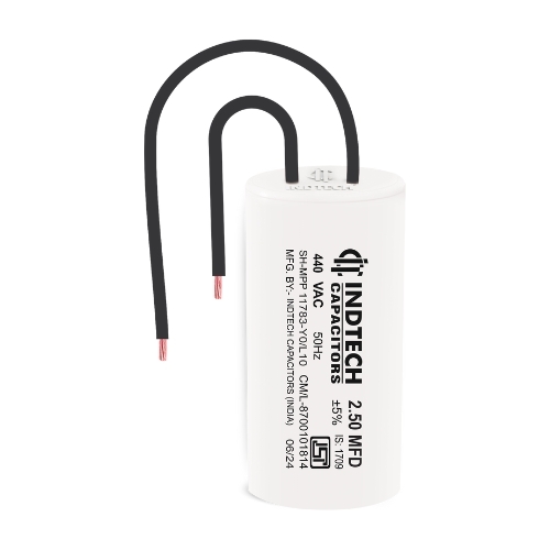 Fan Capacitors 2.50 Indtech - Plastic 28x52 mm, White/Gray | 2.50 µF, 250-450V AC, -25/+85°C Temperature Range, Quick Fan Startup, Wire Terminal