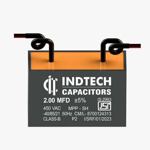 2.0 Mfd Box Type Table Fan Capacitors With Pin - Plastic, 450v Ac, 50/60hz | Gray, Operating Temp -25/+85â°c, Wire Terminal Connection, Capacitance Tolerance ±5%