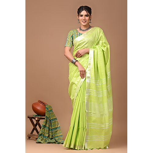 Plain Cotton Linen Sarees - Color: Green