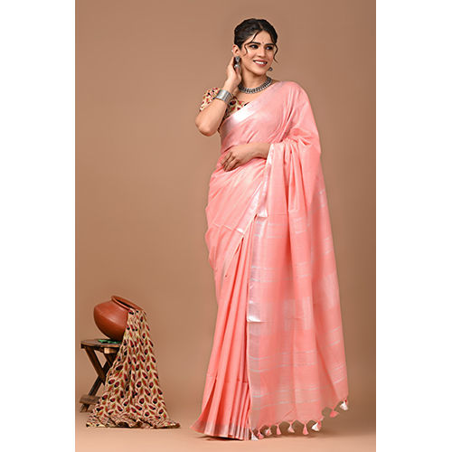 Baby Pink Color Plain Cotton Linen Sarees - Season: Spring