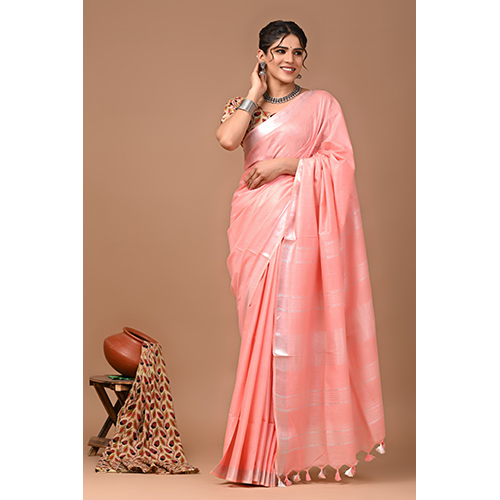Baby Pink Cotton Linen Saree - 5.5 Meters Length, Hand Embroidery Work | Lightweight, Elegant Bollywood Style for Spring and Summer Events