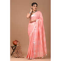 Baby Pink Color Plain Cotton Linen Sarees