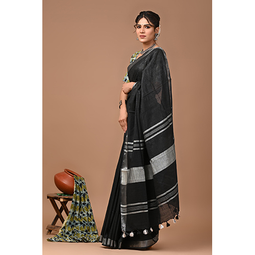 Black Color Plain Cotton Linen Sarees