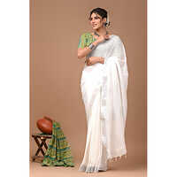 White Color Plain Cotton Linen Sarees