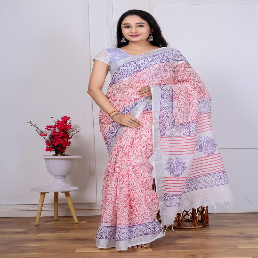 Hand Block Printed Linen Saree - Color: White