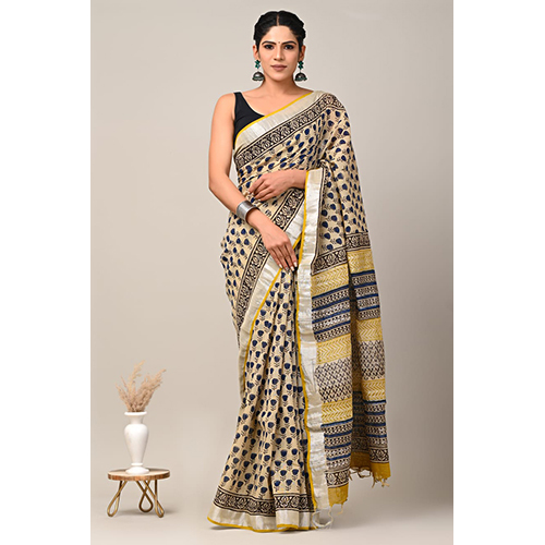 Hand Block Printed Linen Saree - Color: Black