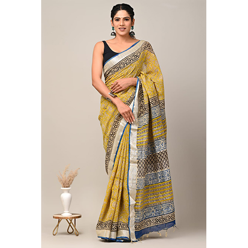 Hand Block Printed Linen Saree - Color: Black