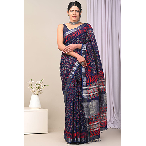 Hand Block Printed Linen Saree - Color: Black