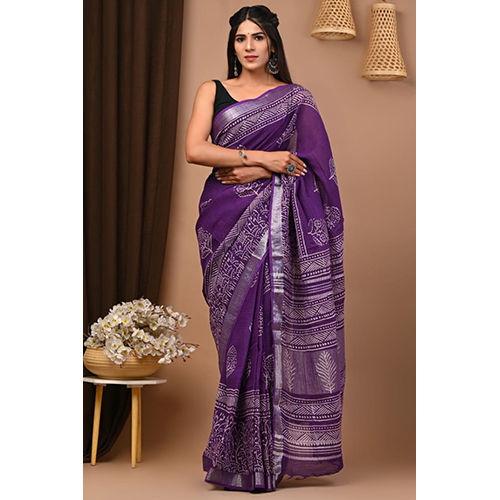 Purple Color Hand Block Printed Linen Saree - Material: Cotton