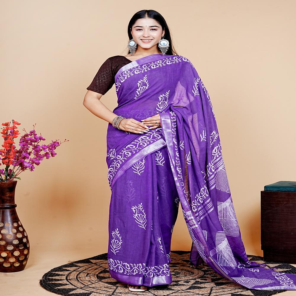 Purple Color Hand Block Printed Linen Saree - Occasion: Traditional