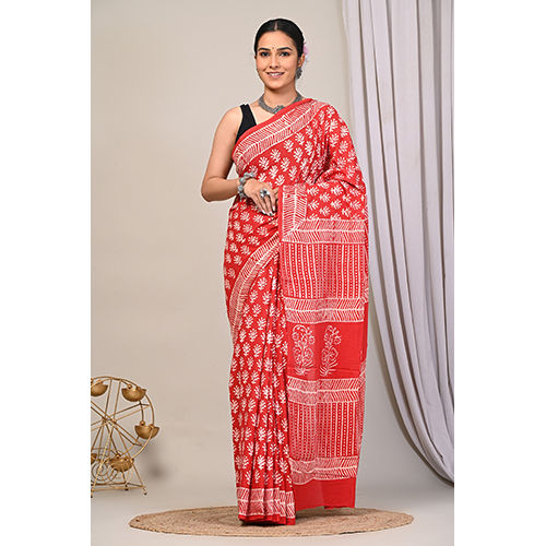 01_ Bagru Hand Block Print In Azo Free Dyes 3 Cotton Saree - Color: Red