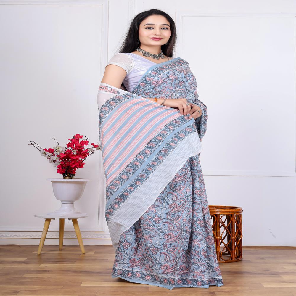 Handblock Printed Cotton Sarees - Color: Grey