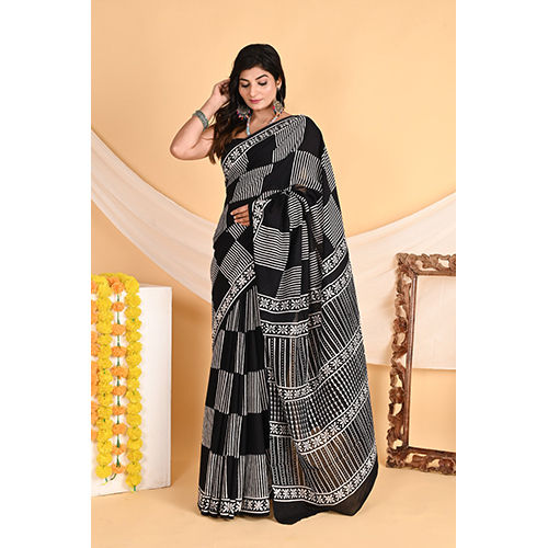 02_Bagru Hand Block Print In Azo Free Dyes 3 Cotton Saree - Color: Black