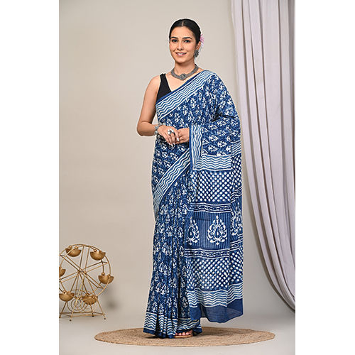 03_Bagru Hand Block Print In Azo Free Dyes 3 Cotton Saree - Color: Blue