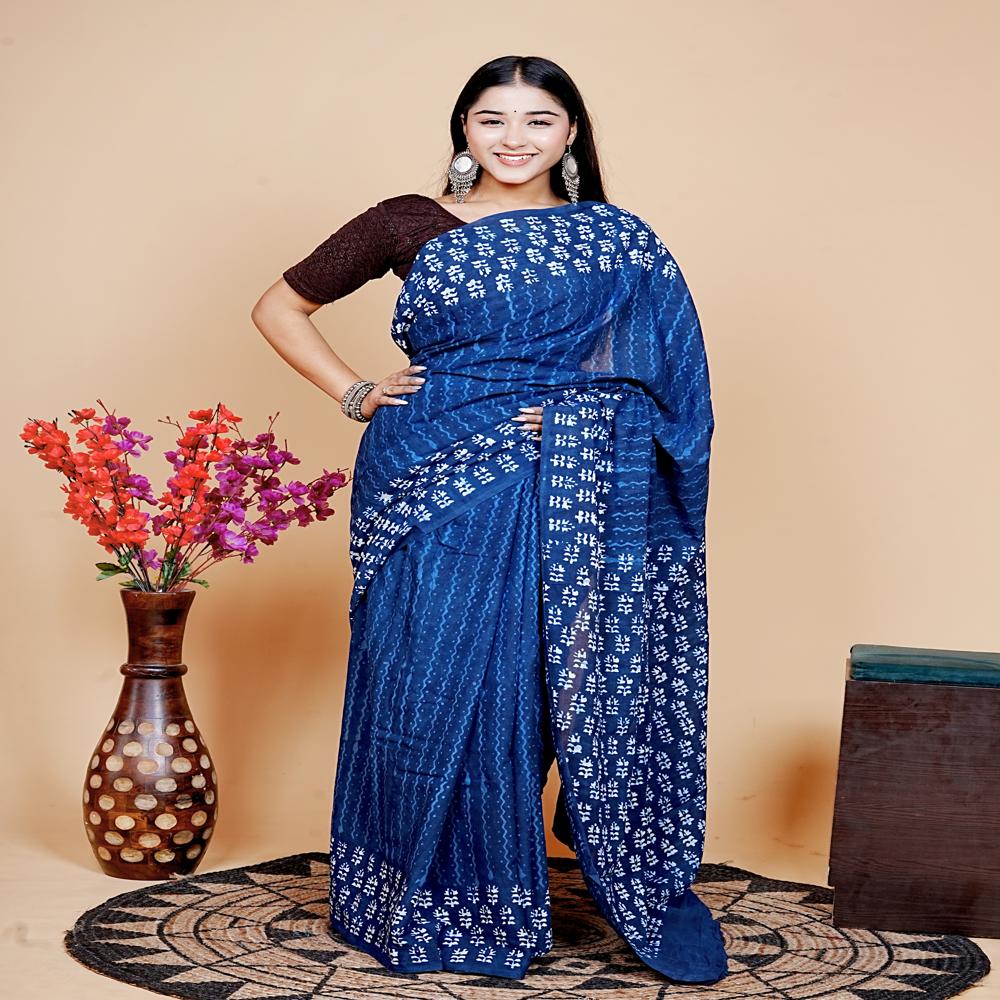 Indigo Blue Cotton Mulmul Saree