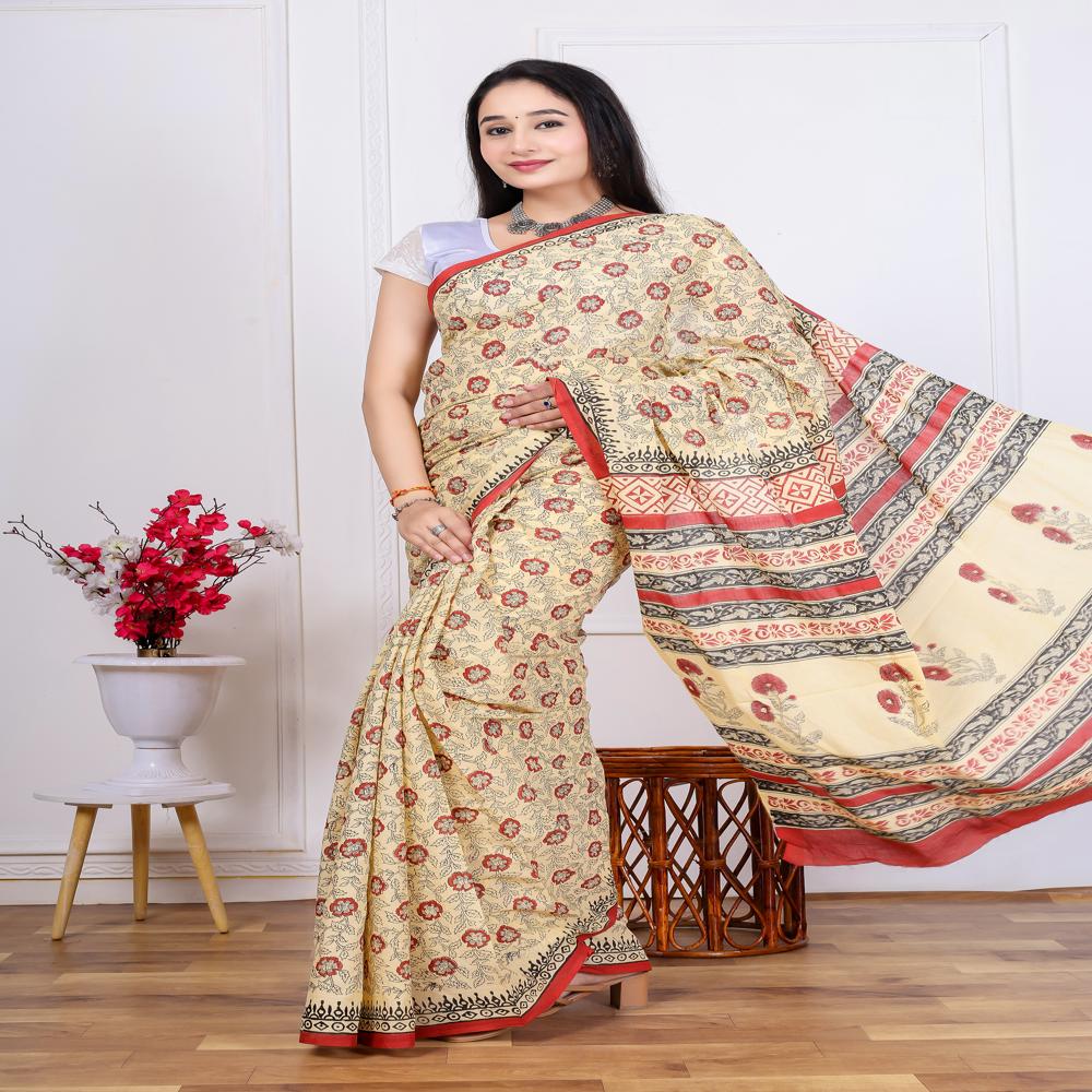Yellow Hand block Printed Cotton Saree