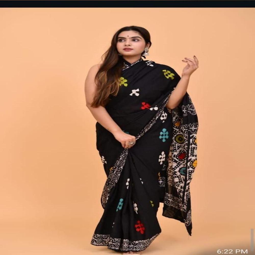 Hand Batik Printed Cotton Saree - Color: Multy