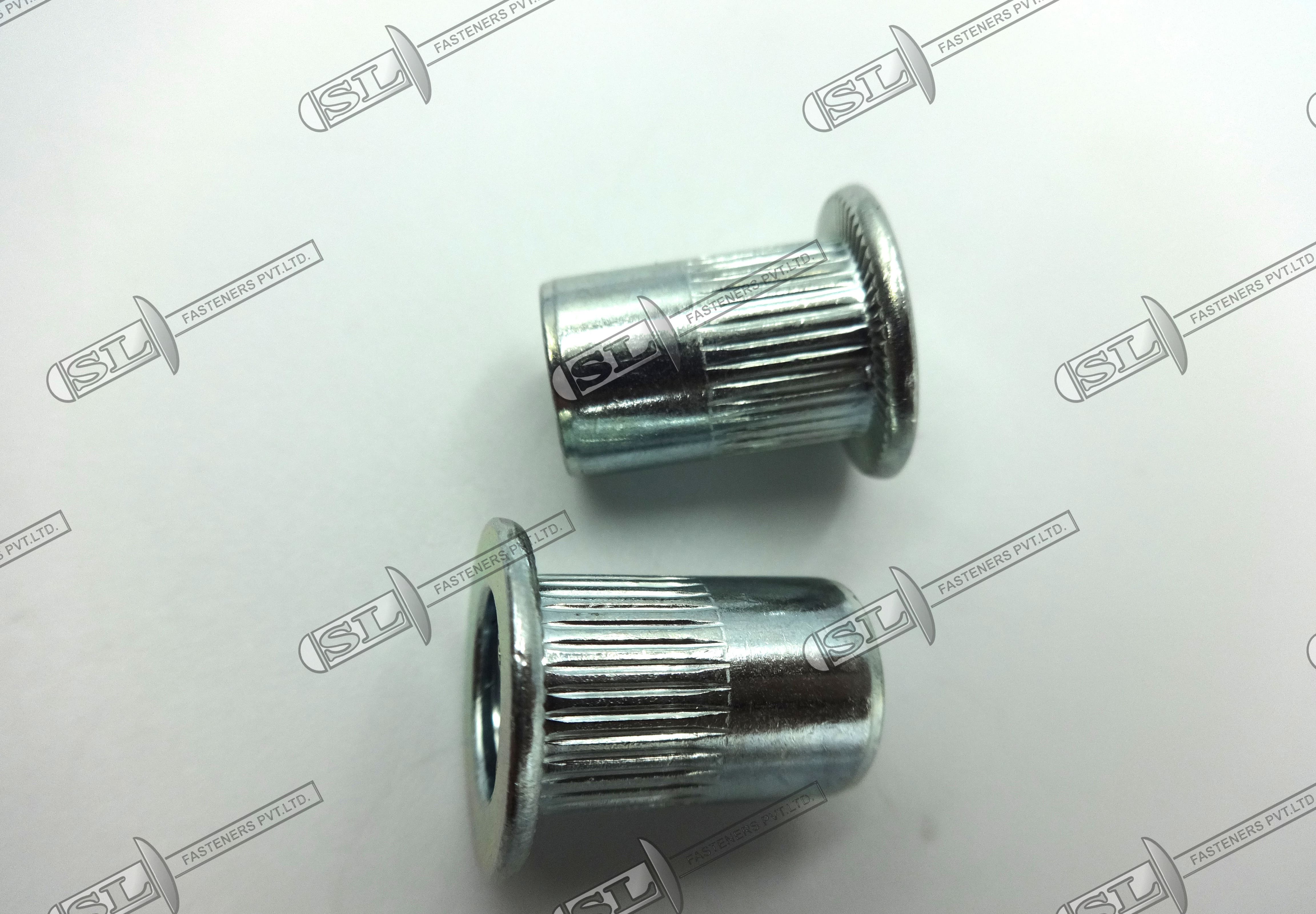 Open End Blind Rivet Nut, Round Body With Groove - Flat Head (Stainless Steel) - Color: Silver