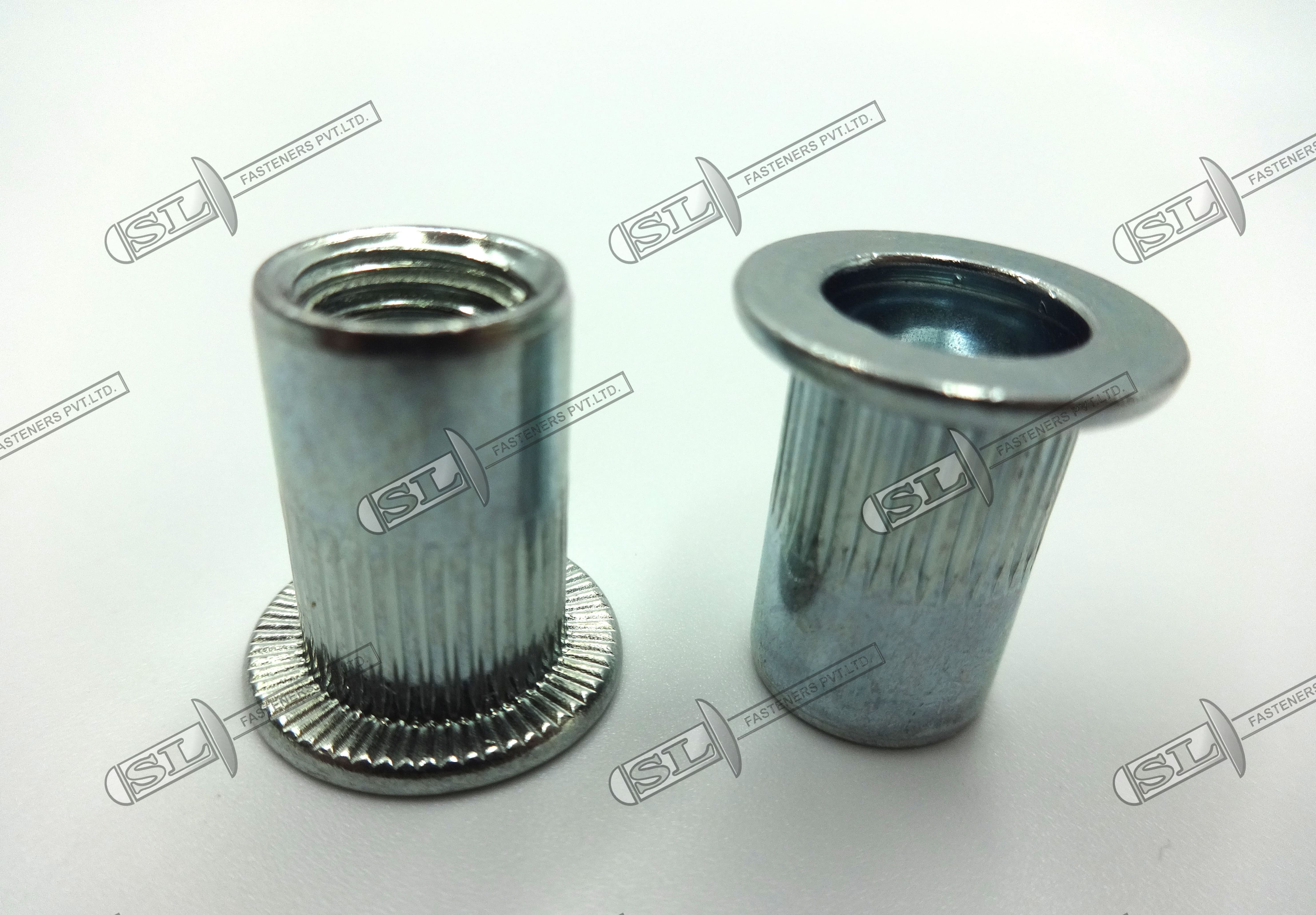Open End Blind Rivet Nut, Round Body With Groove - Flat Head (Stainless Steel) - Color: Silver