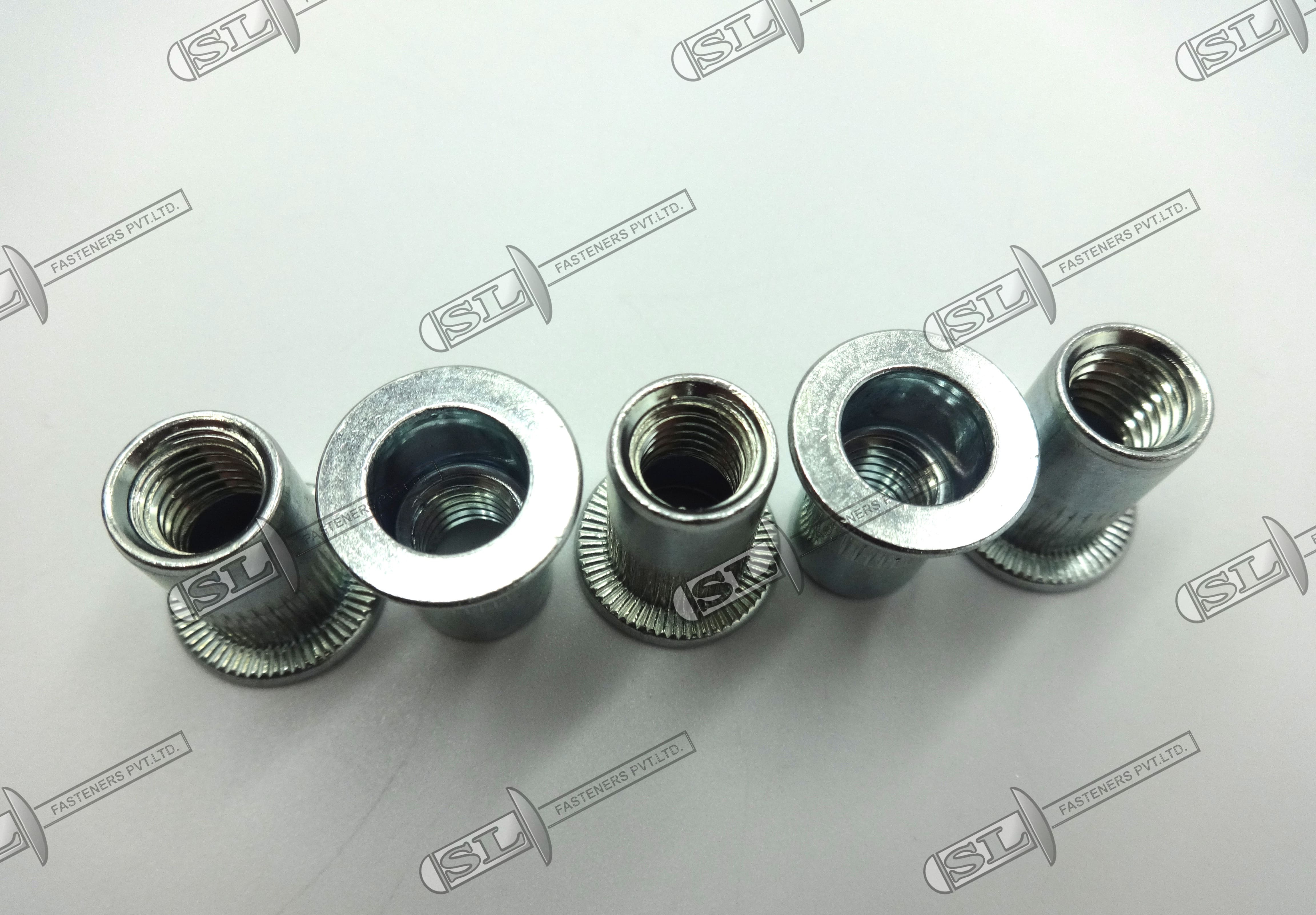 Open End Blind Rivet Nut, Round Body With Groove - Flat Head (Stainless Steel) - Color: Silver