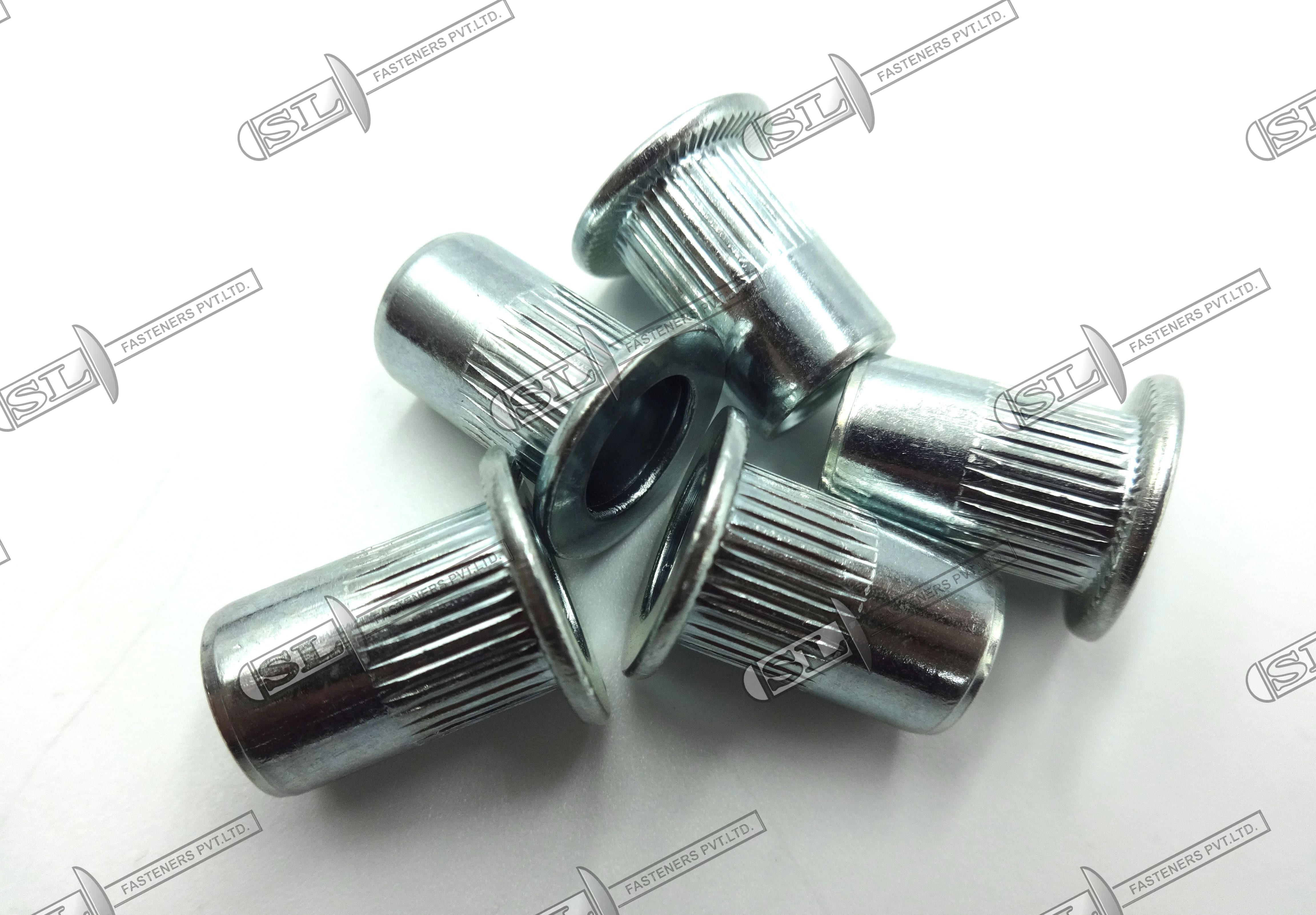 Open End Blind Rivet Nut, Round Body With Groove - Flat Head (Stainless Steel) - Color: Silver