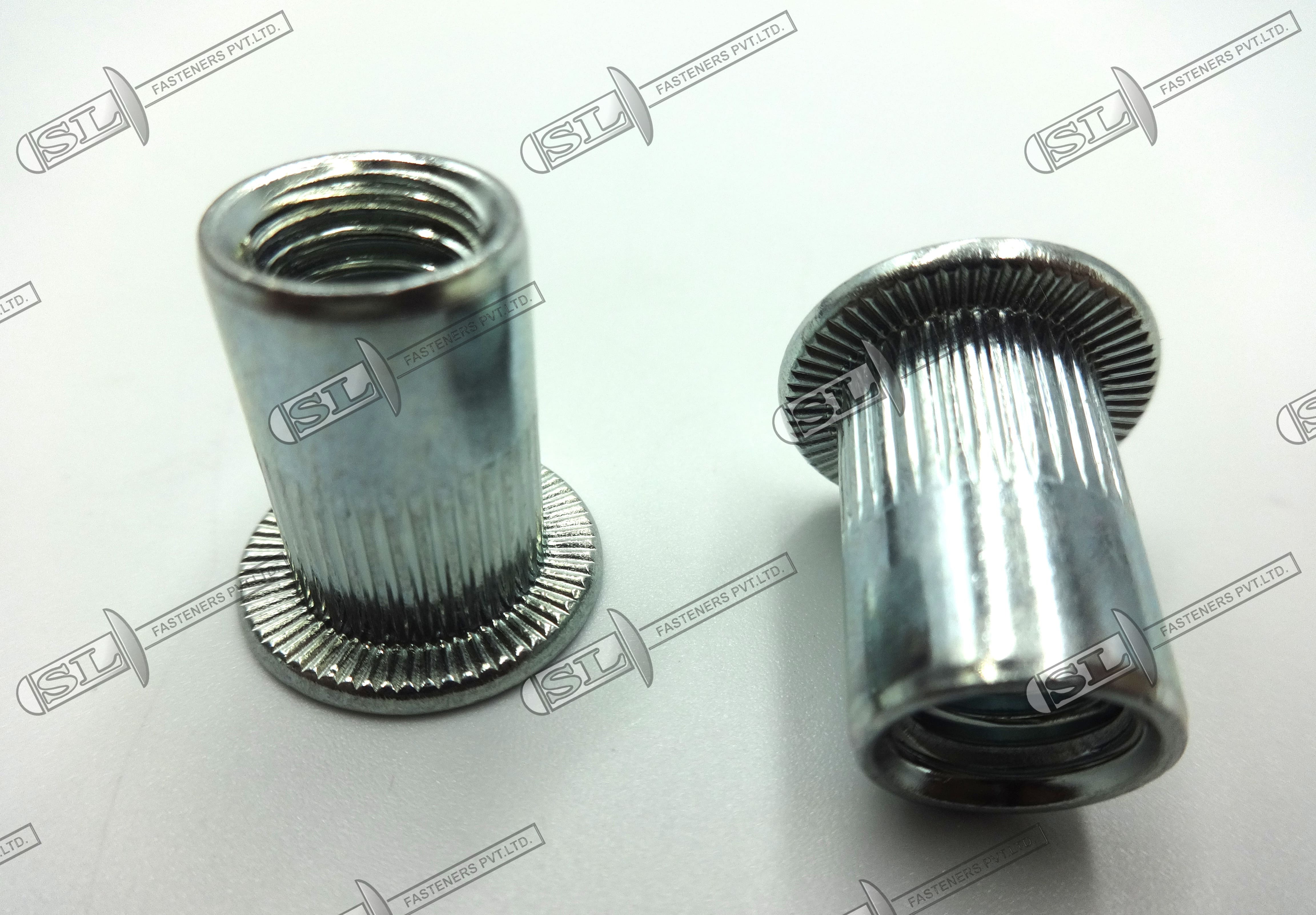 Open End Blind Rivet Nut, Round Body With Groove - Flat Head (Stainless Steel) - Color: Silver