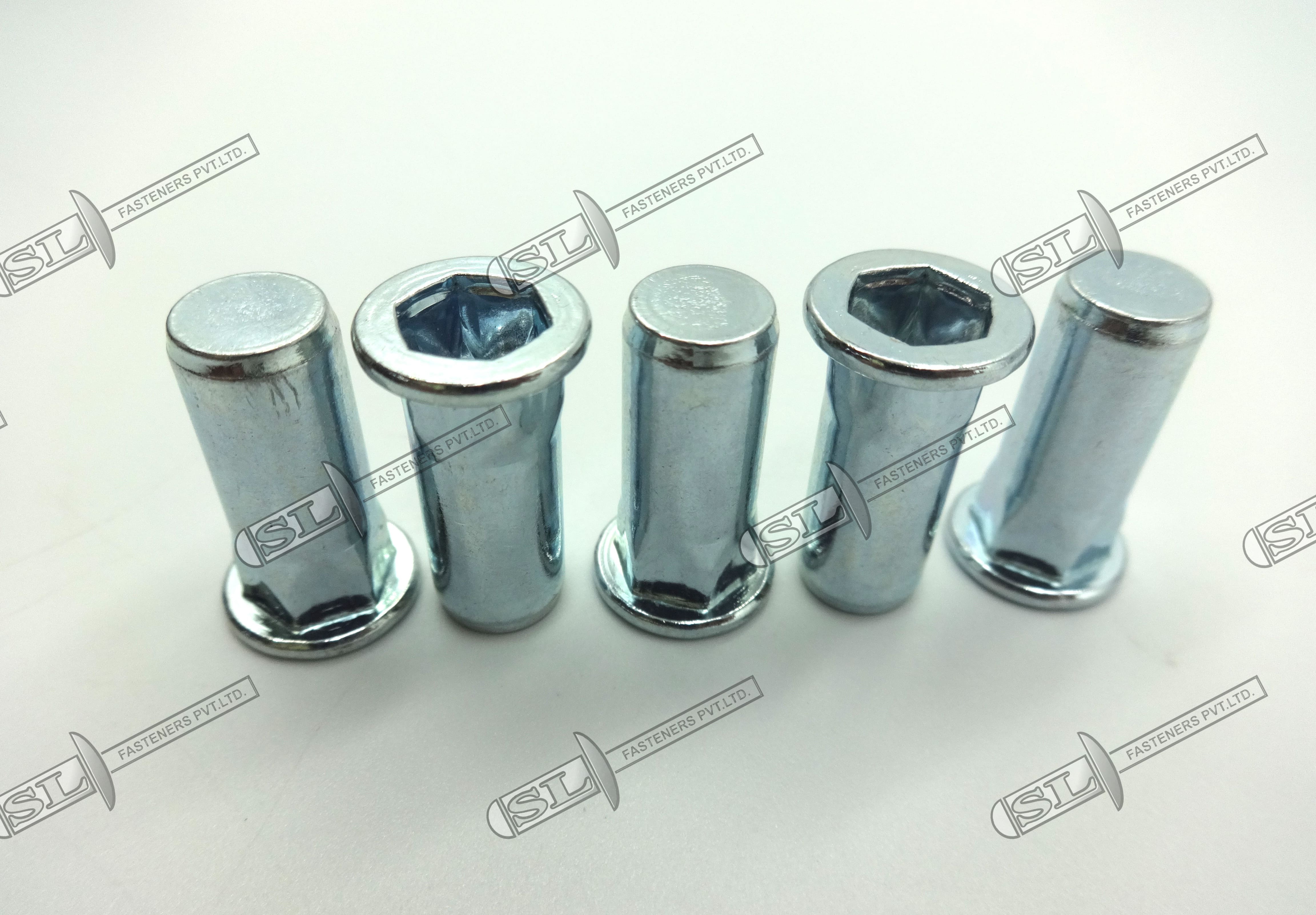 Close End Blind Rivet Nut, Semi Hex Body - Flat Head (Stainless Steel) - Color: Silver