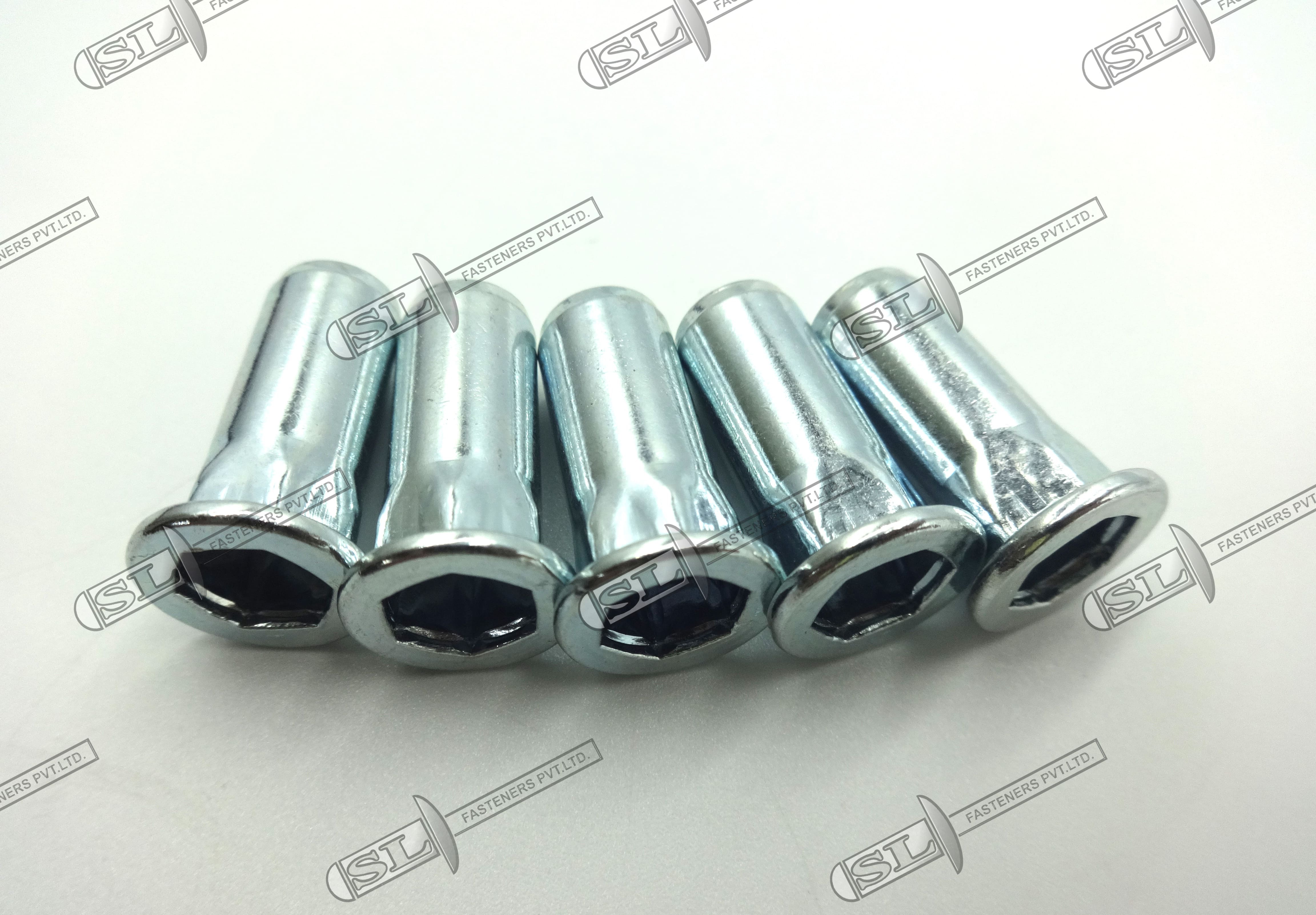 Close End Blind Rivet Nut, Semi Hex Body - Flat Head (Stainless Steel) - Color: Silver