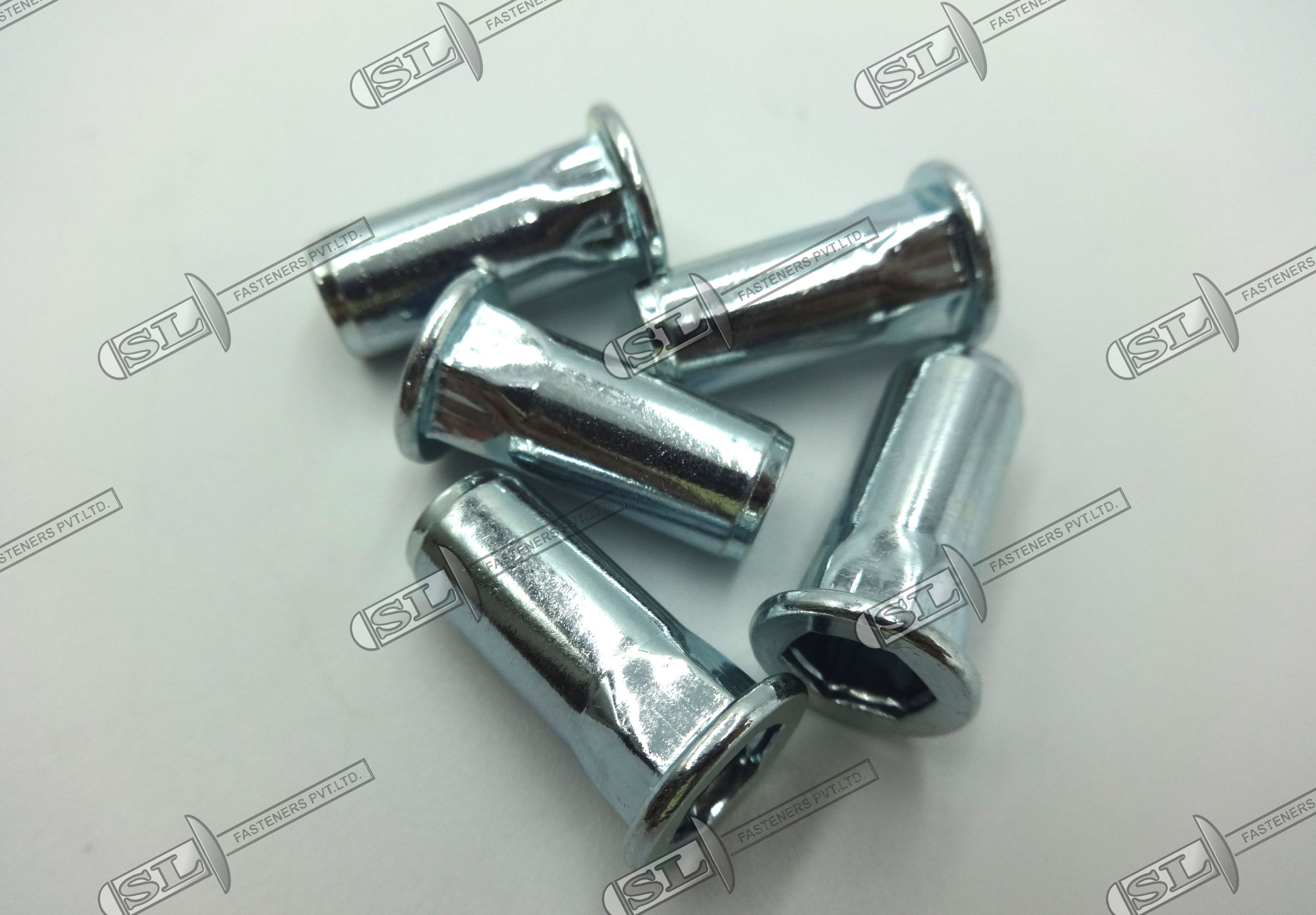 Close End Blind Rivet Nut, Semi Hex Body - Flat Head (Stainless Steel) - Color: Silver