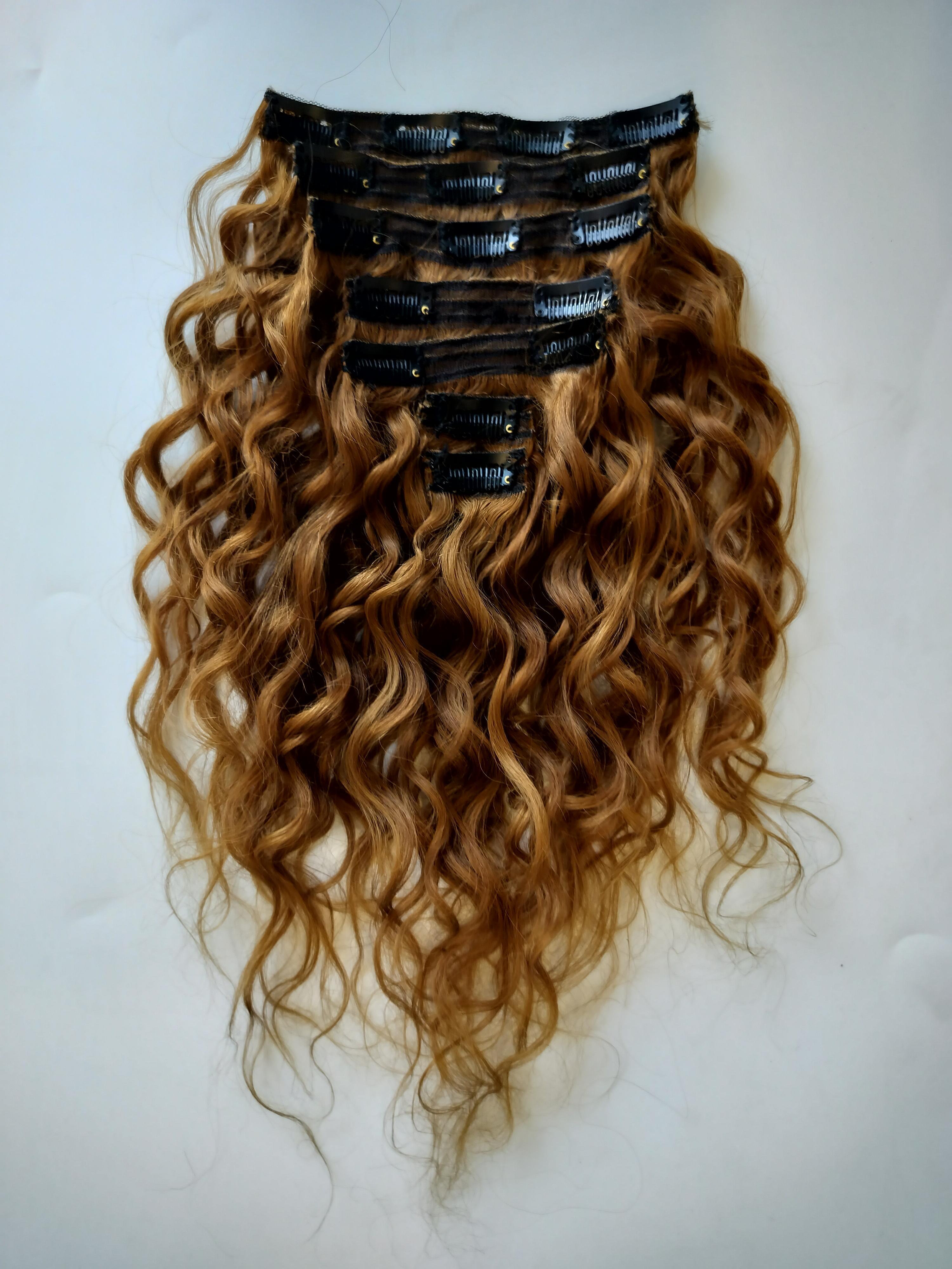 Indian Virgin Remy Natural Curly Light Color 7 Clip In Set Human Hair Extension - Length: 18 Inch (In)
