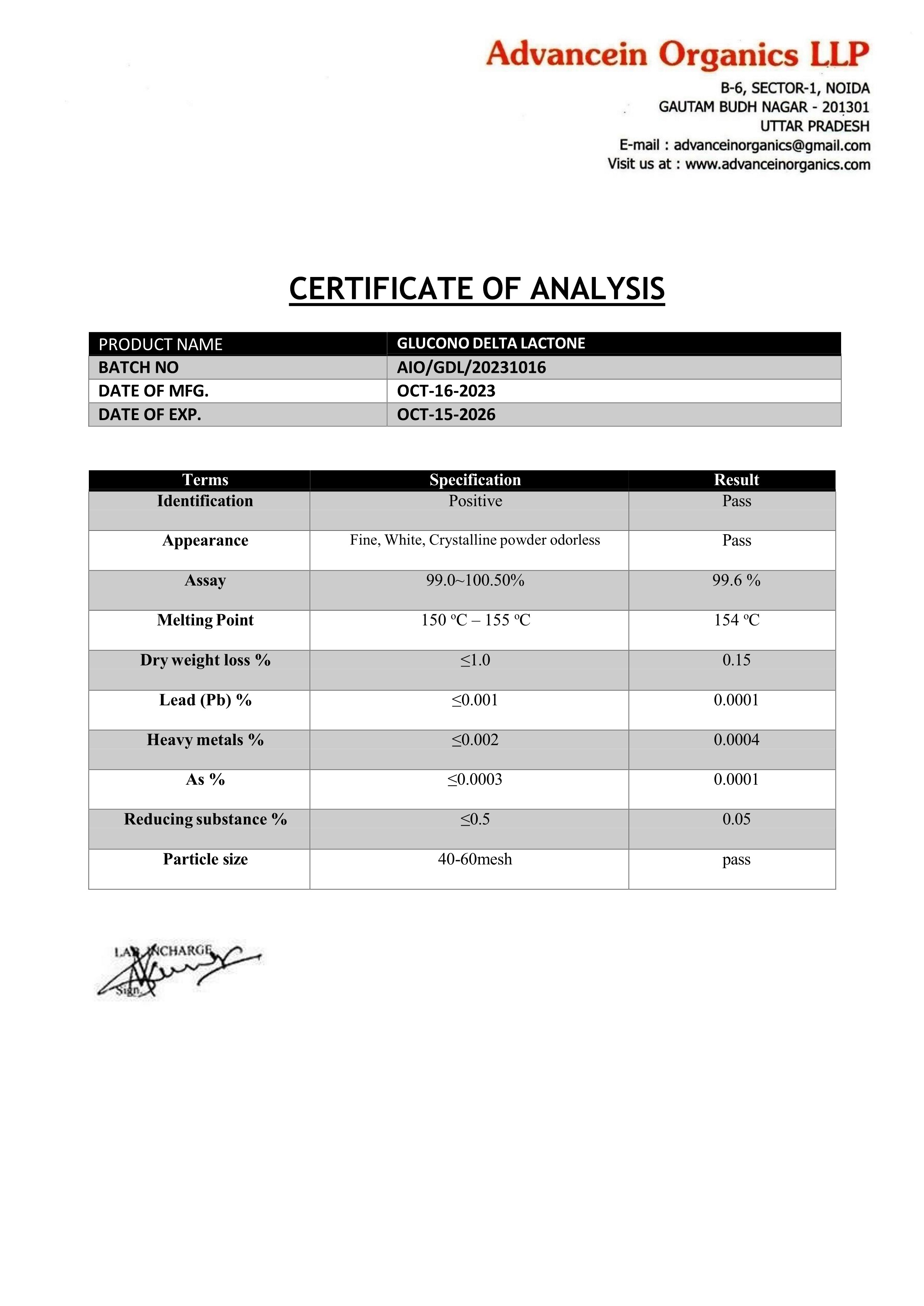 Glucono Delta Lactone - Application: Industrial
