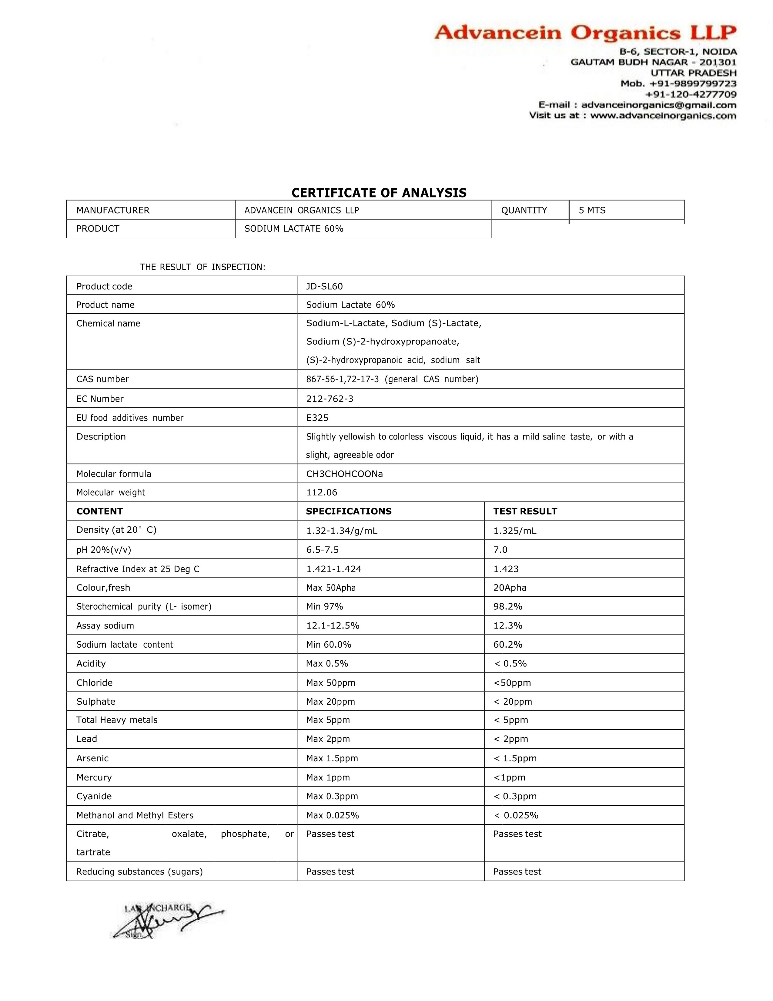 Sodium Lactate - Cas No: 72-17-3