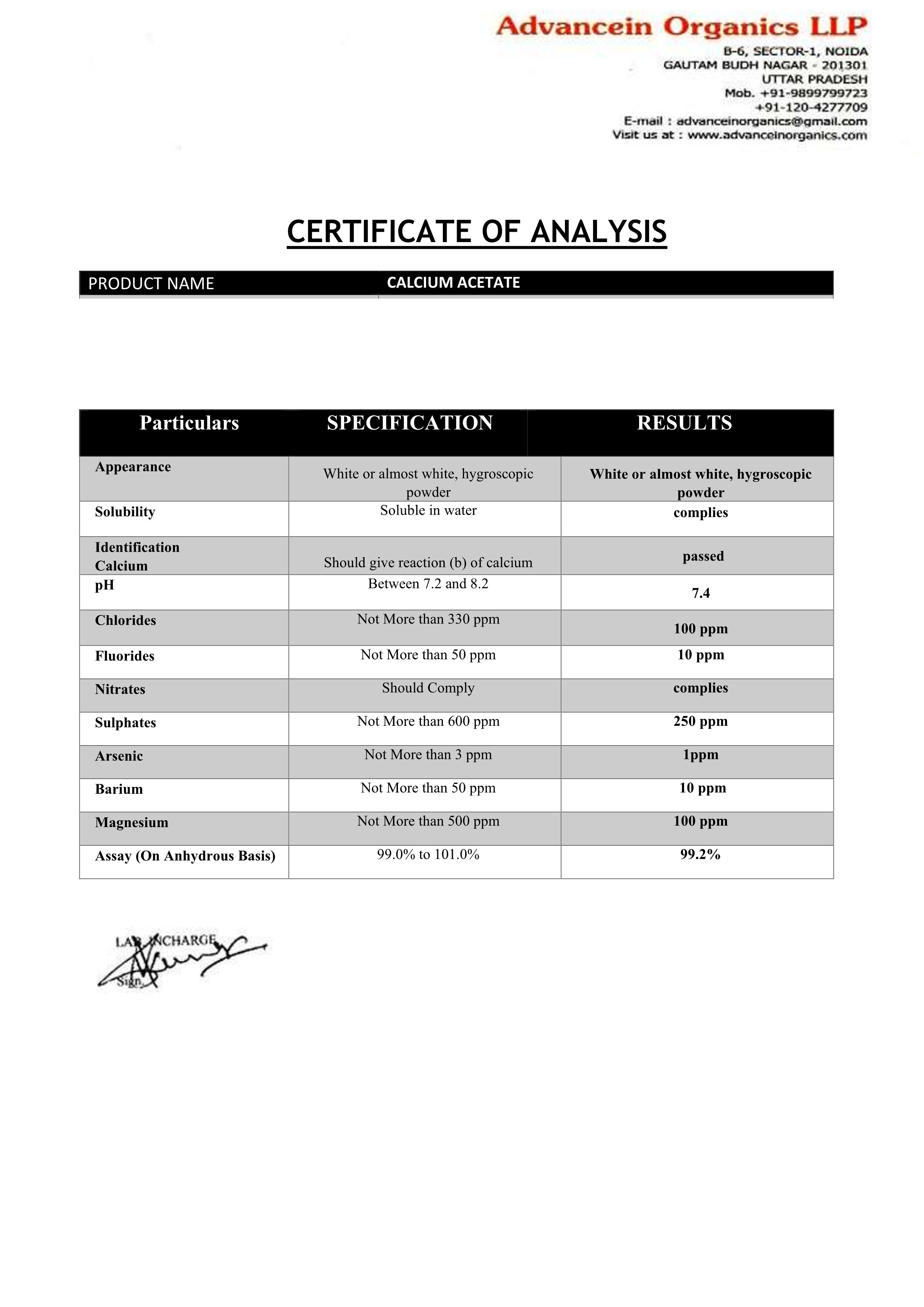 25kg Calcium Acetate Anhydrous - Purity: 98%