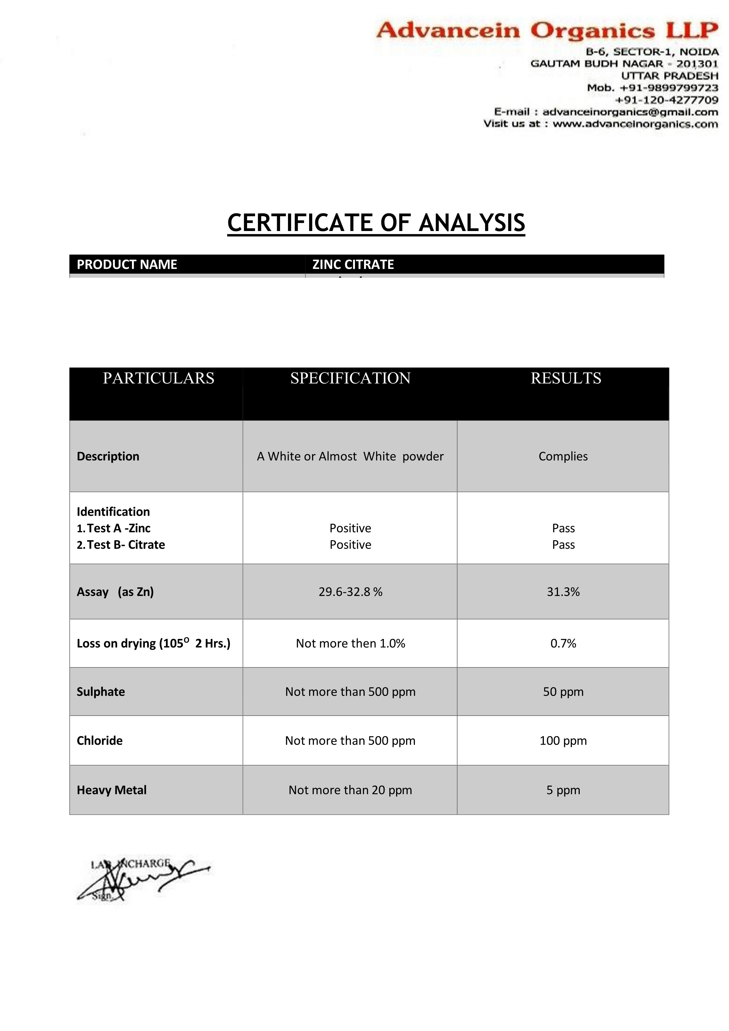 Food Grade Zinc Citrate Powder