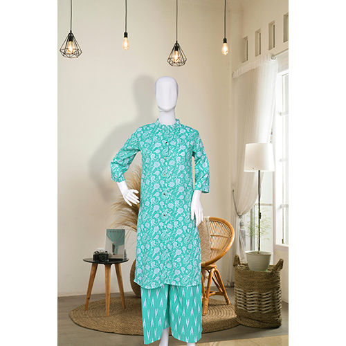 Ladies Cotton Co Ord Set With Printed Design - Color: Green